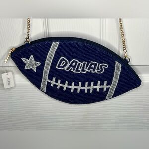 Dallas Cowboys football shaped beaded Crossbody bag with a gold chain.